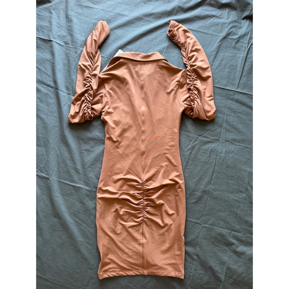 NWT L'EAU Berlin Button Up Mini Dress Chic Brown Ruched Long Sleeve Small Twee - Picture 8 of 10